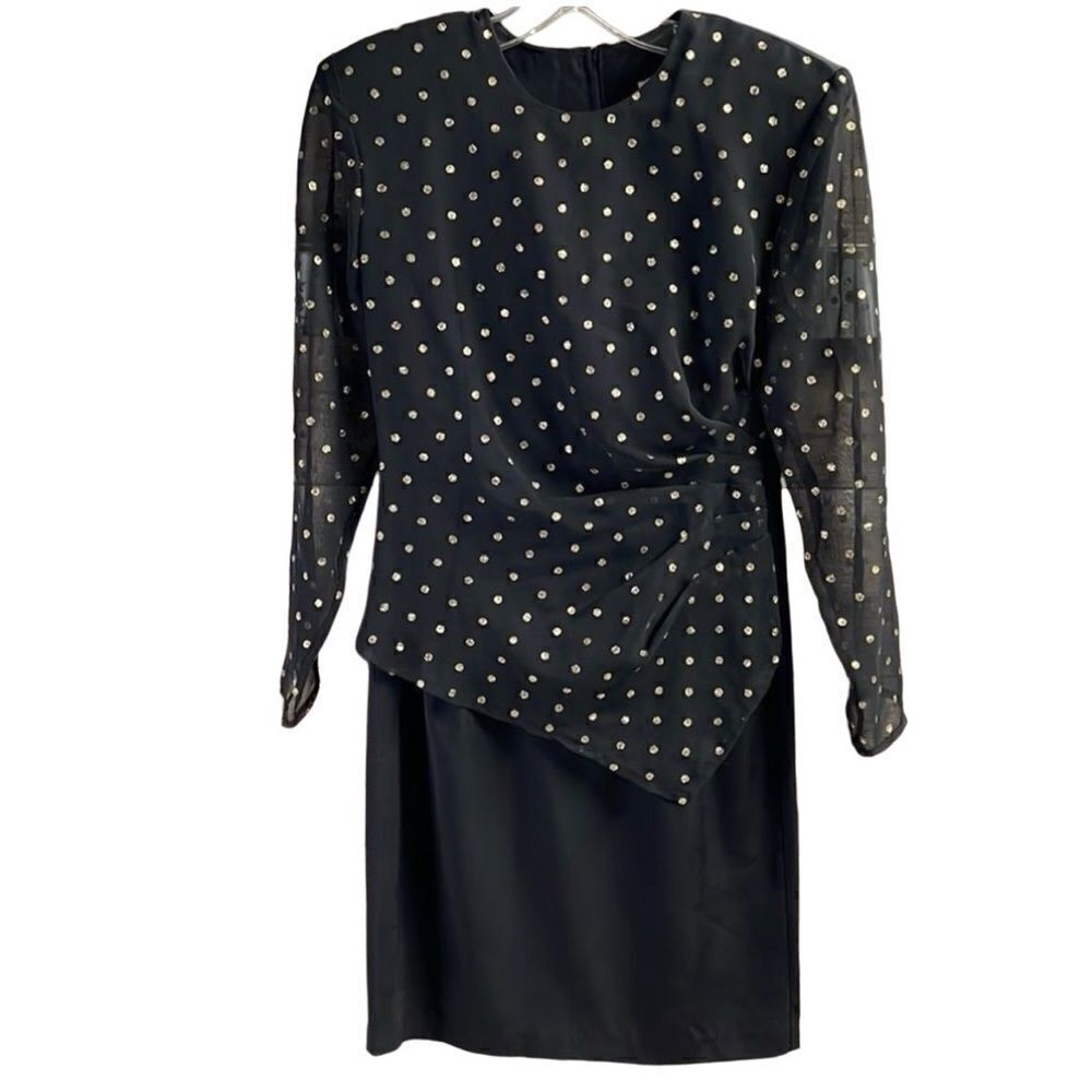 Scarlett Stunning 80s Polka Dot Pencil Dress in Black and Gold, Size 5